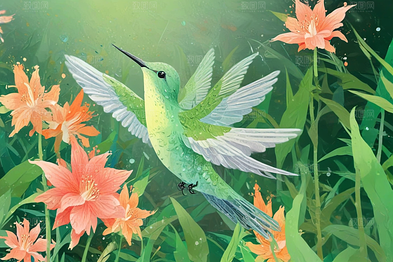 春日花间精灵双头蜂鸟插画图片