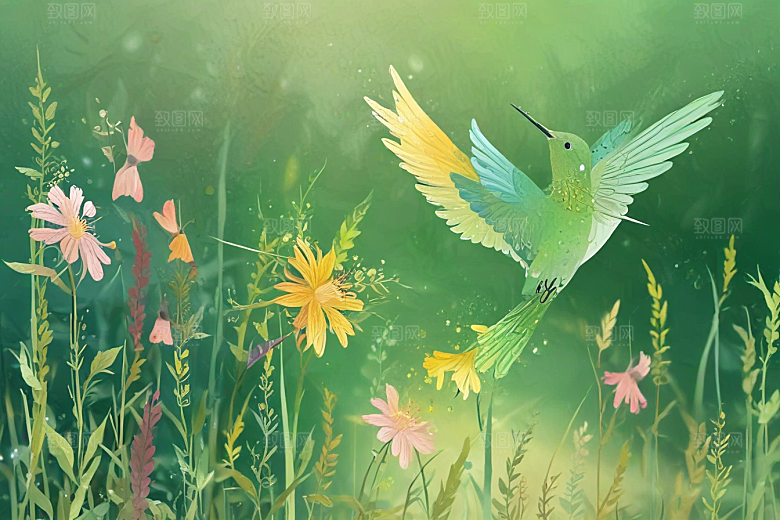 春日花间精灵双头蜂鸟插画图片