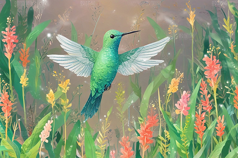 春日花间精灵双头蜂鸟插画图片