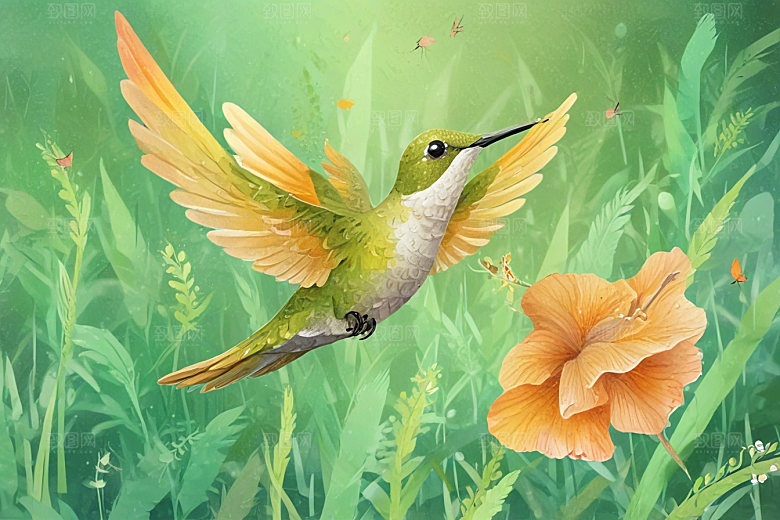 春日花间精灵双头蜂鸟插画图片