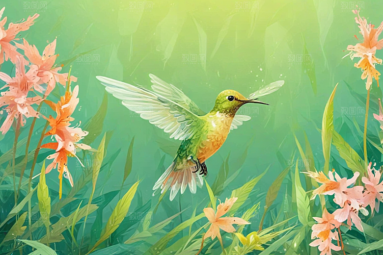 春日花间精灵双头蜂鸟插画图片