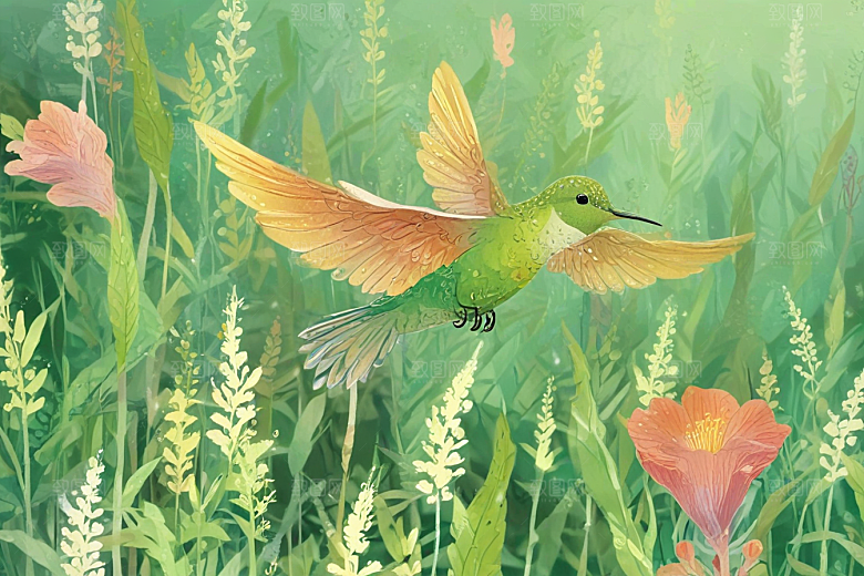 春日花间精灵双头蜂鸟插画图片