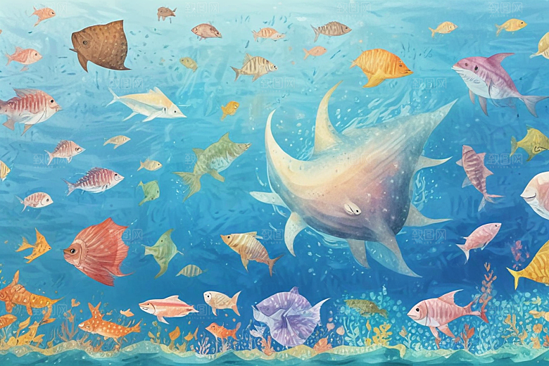 海底世界手绘画多种鱼类生动呈现图片