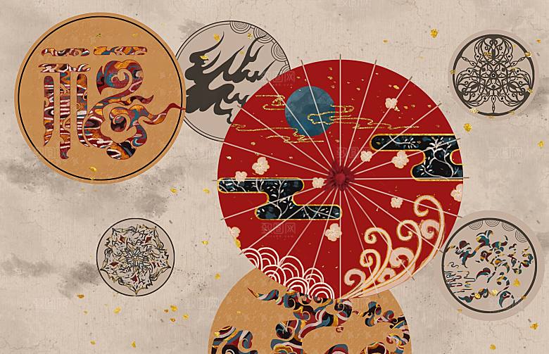 鎏金中式风景背景插画