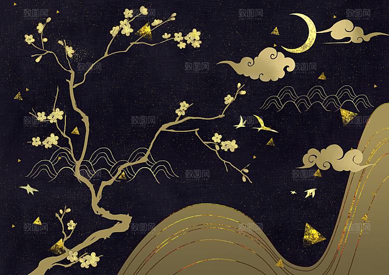 鎏金中式风景背景插画