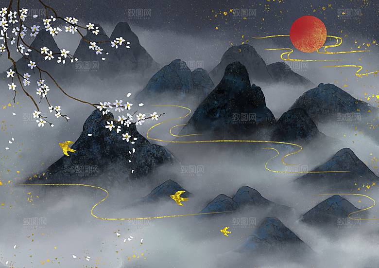 鎏金中式风景背景插画
