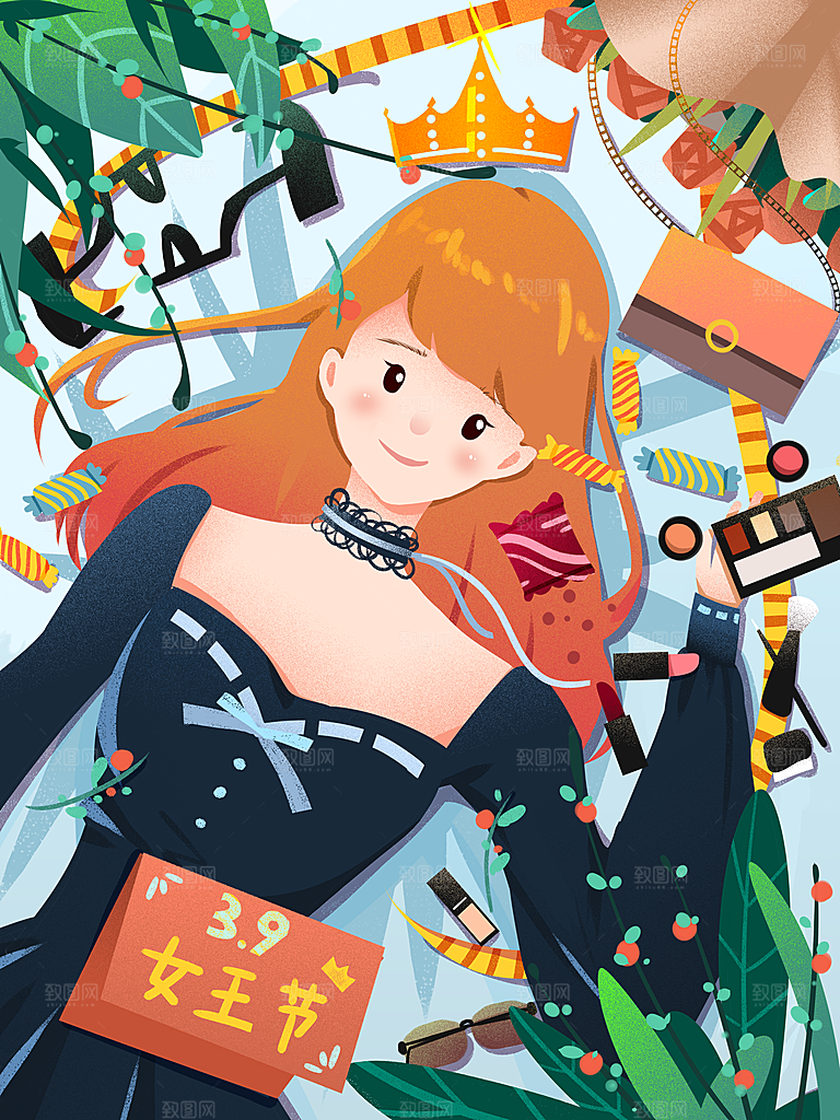 创意女神节手绘卡通插画背景