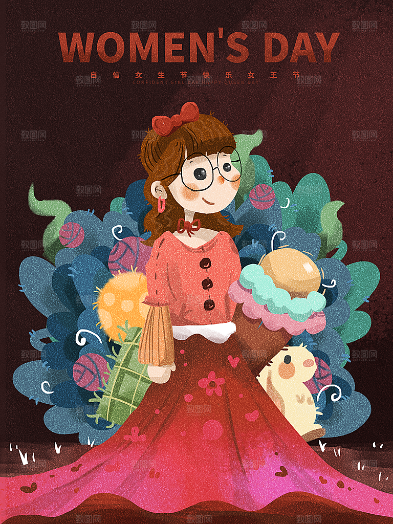 创意卡通手绘三八女王节插画素材