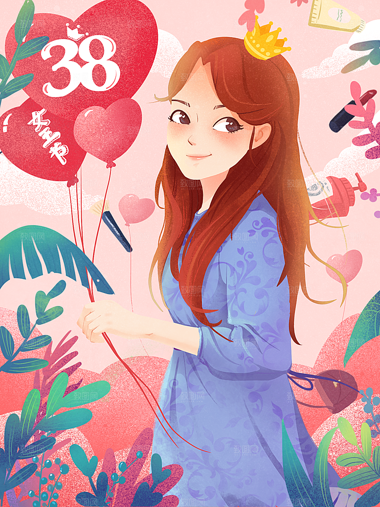 创意卡通手绘三八女王节插画素材