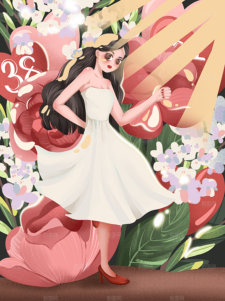 创意卡通手绘三八女王节插画素材