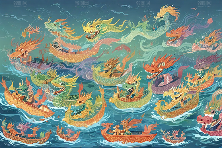 多彩龙舟竞渡欢乐水波荡漾图片