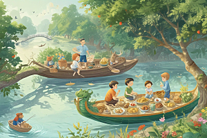 传统节日端午节儿童划船过节图片