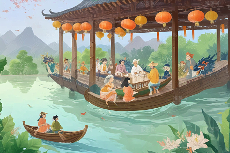 国风插画演绎传统节日龙舟巡游图片