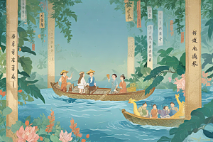 国风插画演绎传统节日龙舟巡游图片