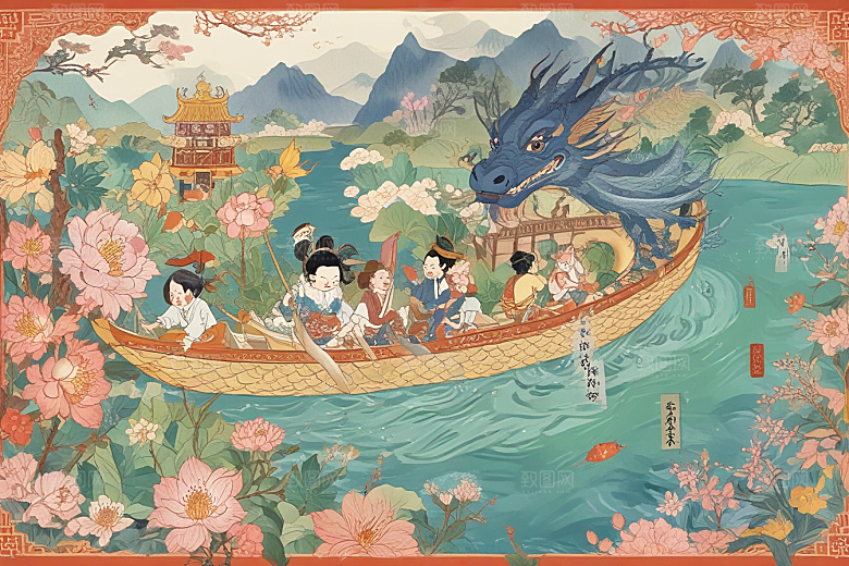 国风插画演绎传统节日龙舟巡游图片