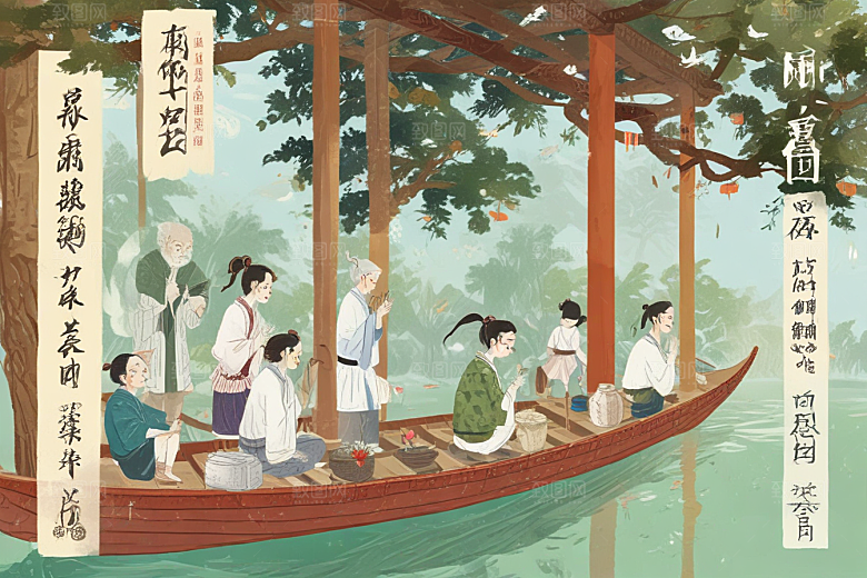 国风插画演绎传统节日龙舟巡游图片