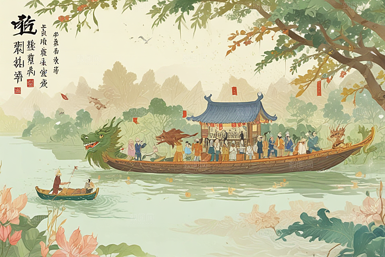国风插画演绎传统节日龙舟巡游图片