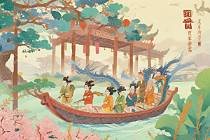 国风插画演绎传统节日龙舟巡游图片