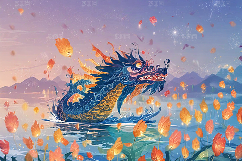 梦幻灯笼下龙舟盛景图片