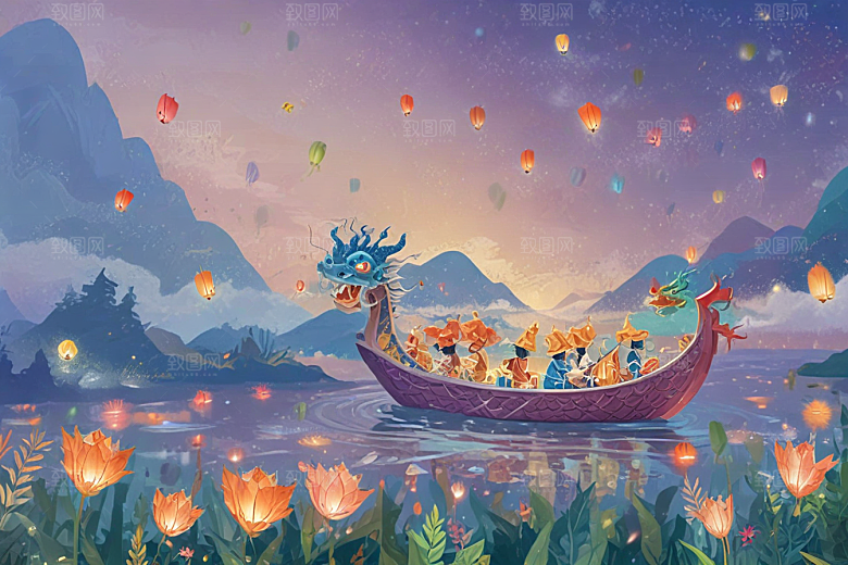 梦幻灯笼下龙舟盛景图片
