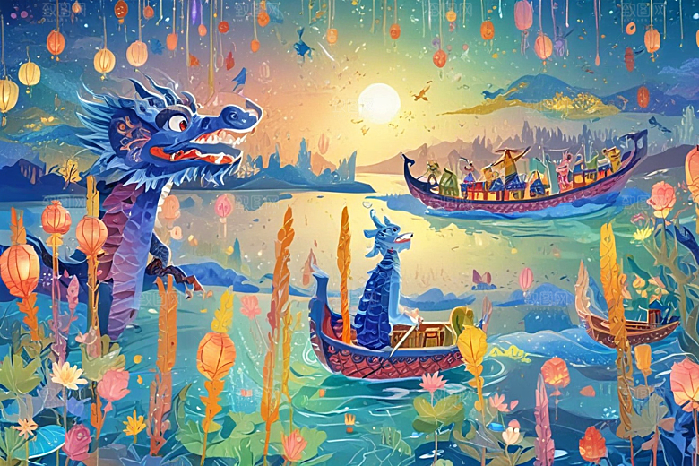 梦幻灯笼下龙舟盛景图片