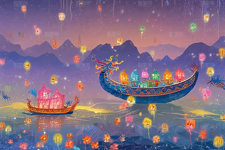 梦幻灯笼下龙舟盛景图片