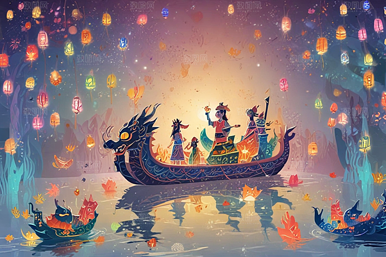 梦幻灯笼下龙舟盛景图片