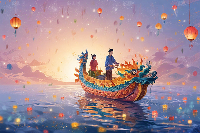 梦幻灯笼下龙舟盛景图片