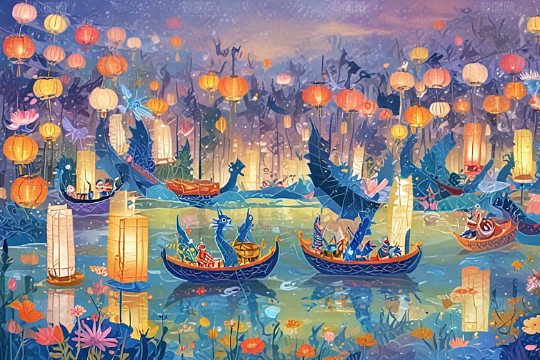 梦幻灯笼下龙舟盛景图片
