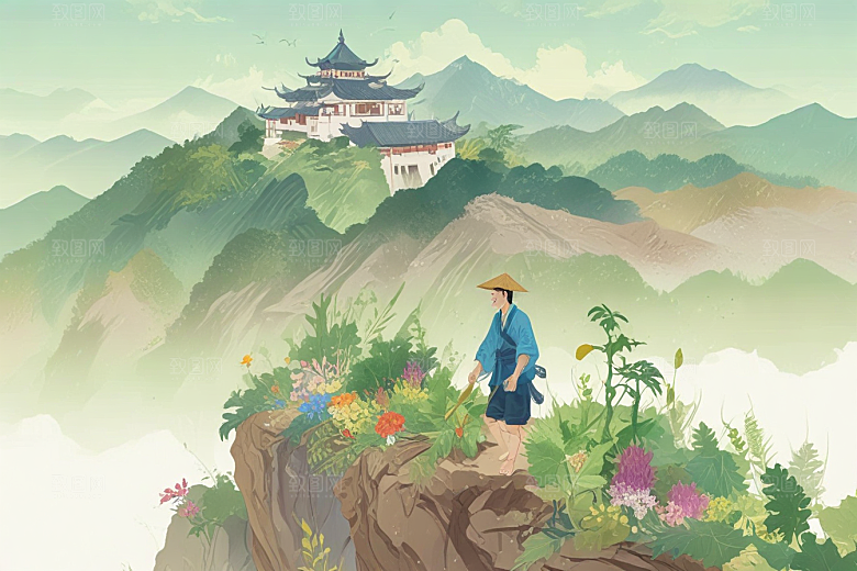中国传统山水画风插画图片