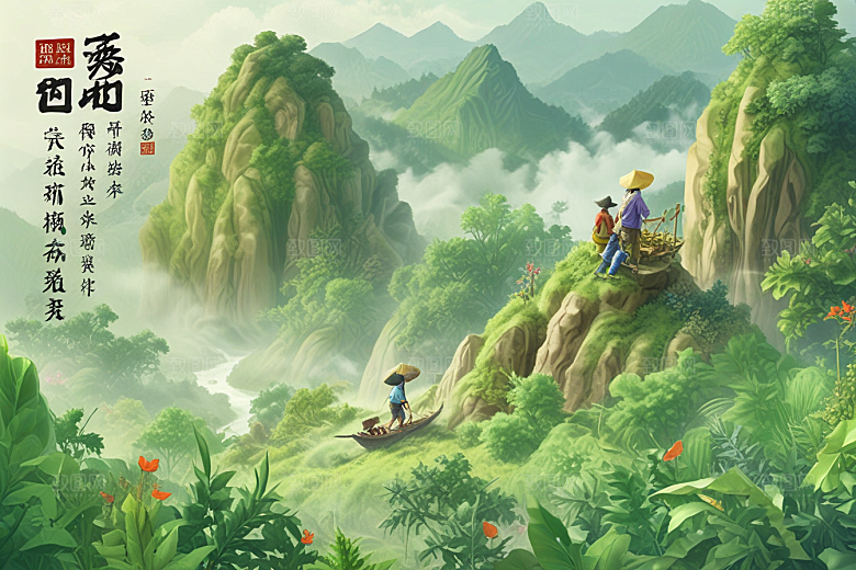 中国传统山水画风插画图片