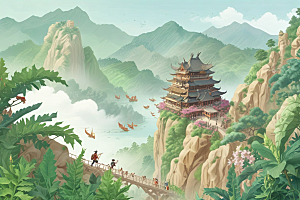 中国传统山水画风插画图片