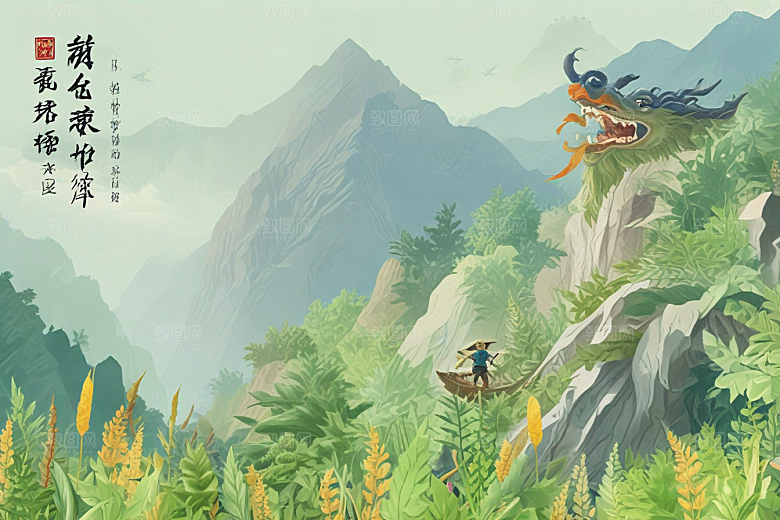 中国传统山水画风插画图片
