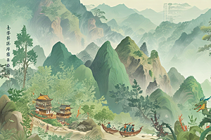中国传统山水画风插画图片