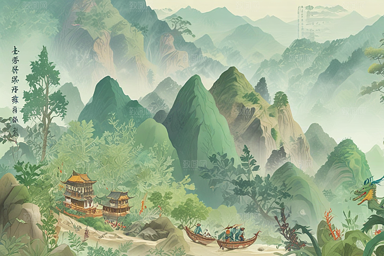 中国传统山水画风插画图片