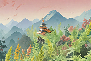 中国传统山水画风插画图片