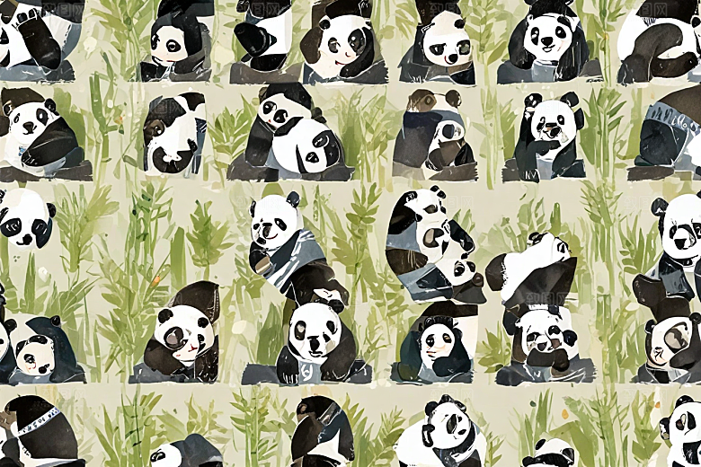 插画两只熊猫竹林玩耍图片