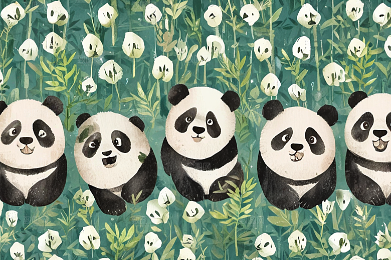 插画两只熊猫竹林玩耍图片