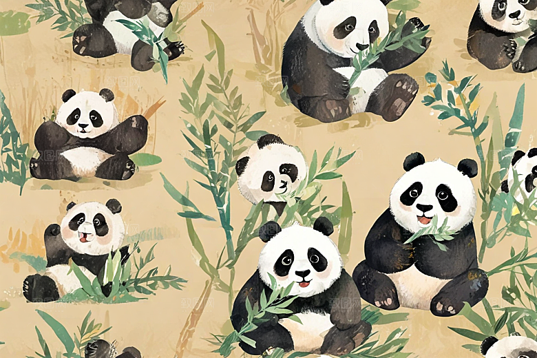插画两只熊猫竹林玩耍图片