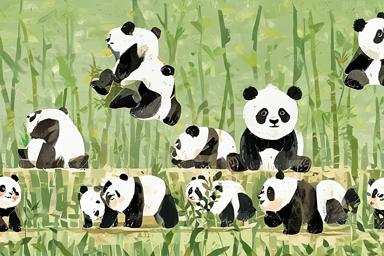 插画两只熊猫竹林玩耍图片