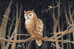 夜行森林猫头鹰写实插画图片