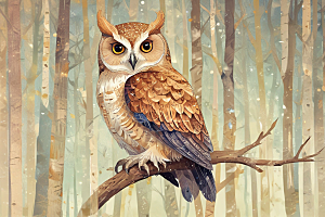 夜行森林猫头鹰写实插画图片
