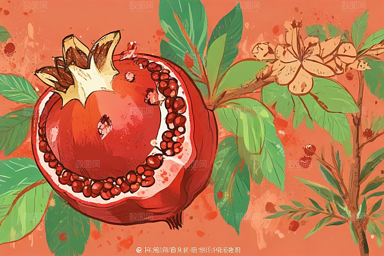 手绘石榴插画展现丰富细节色彩图片