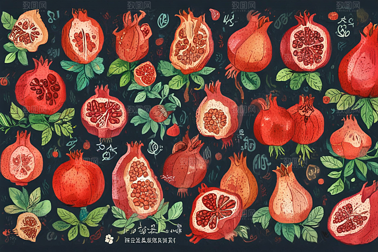 手绘石榴插画展现丰富细节色彩图片