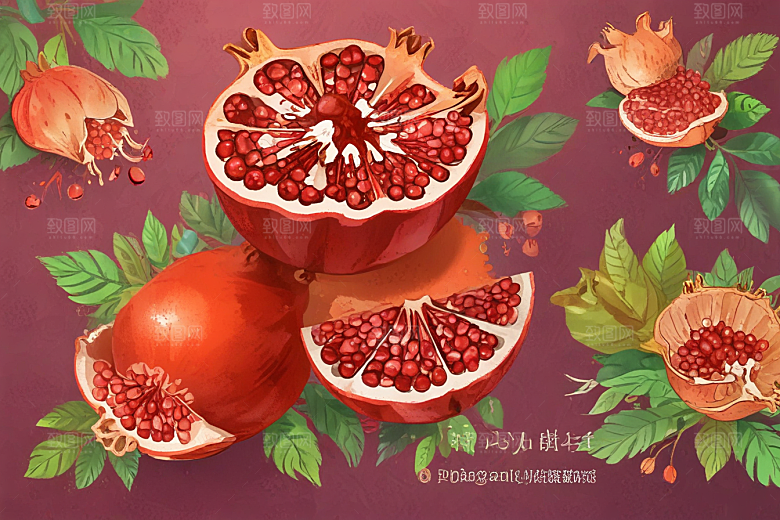 手绘石榴插画展现丰富细节色彩图片
