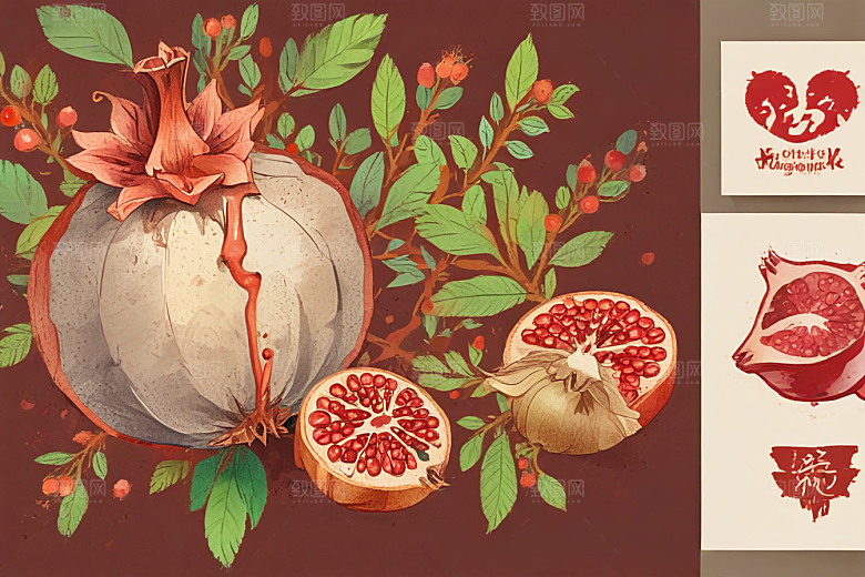 手绘石榴插画展现丰富细节色彩图片