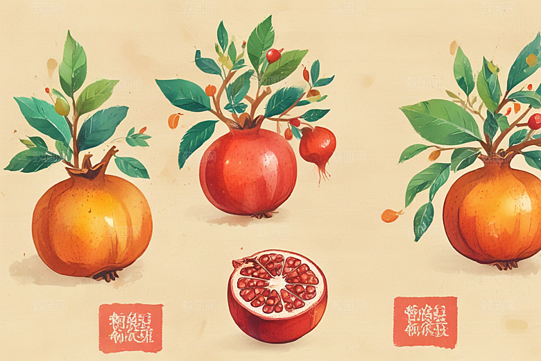 手绘石榴插画展现丰富细节色彩图片