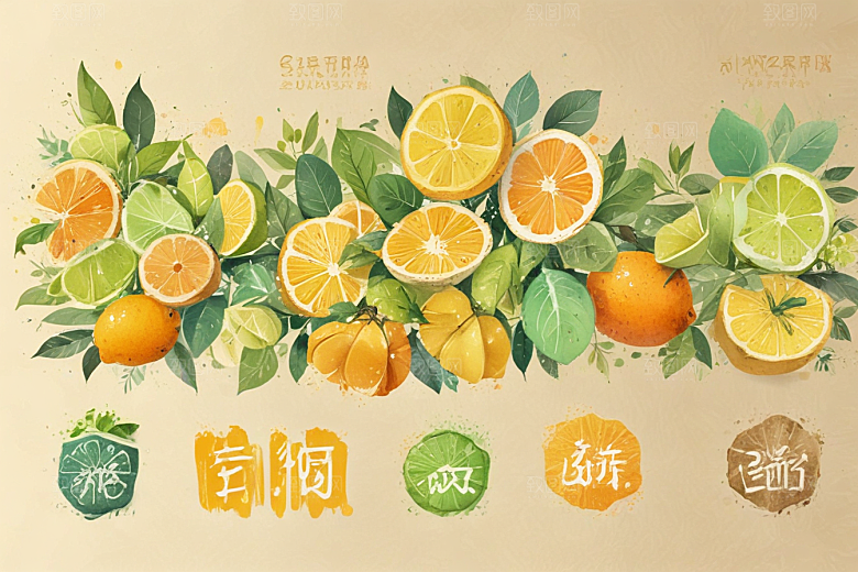 手绘水果插画展现多彩柑橘类图片