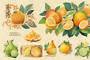 手绘水果插画展现多彩柑橘类图片
