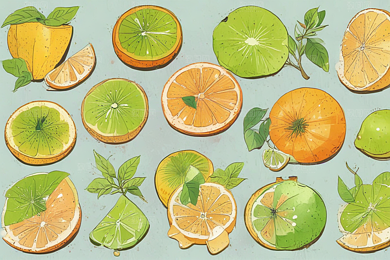 手绘水果插画展现多彩柑橘类图片
